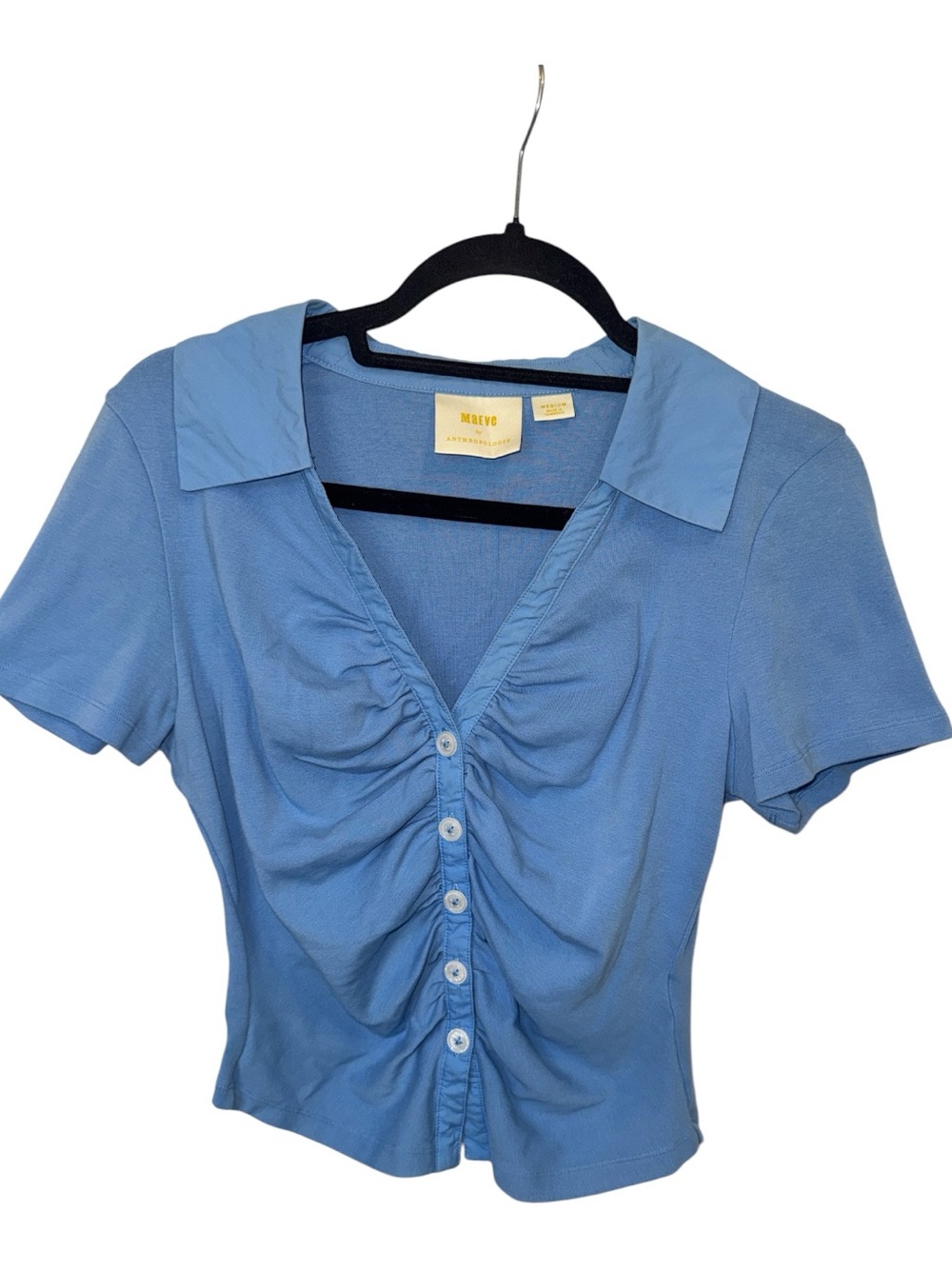 Mauve Light Blue Ruched Button-Front Short Sleeve Top
